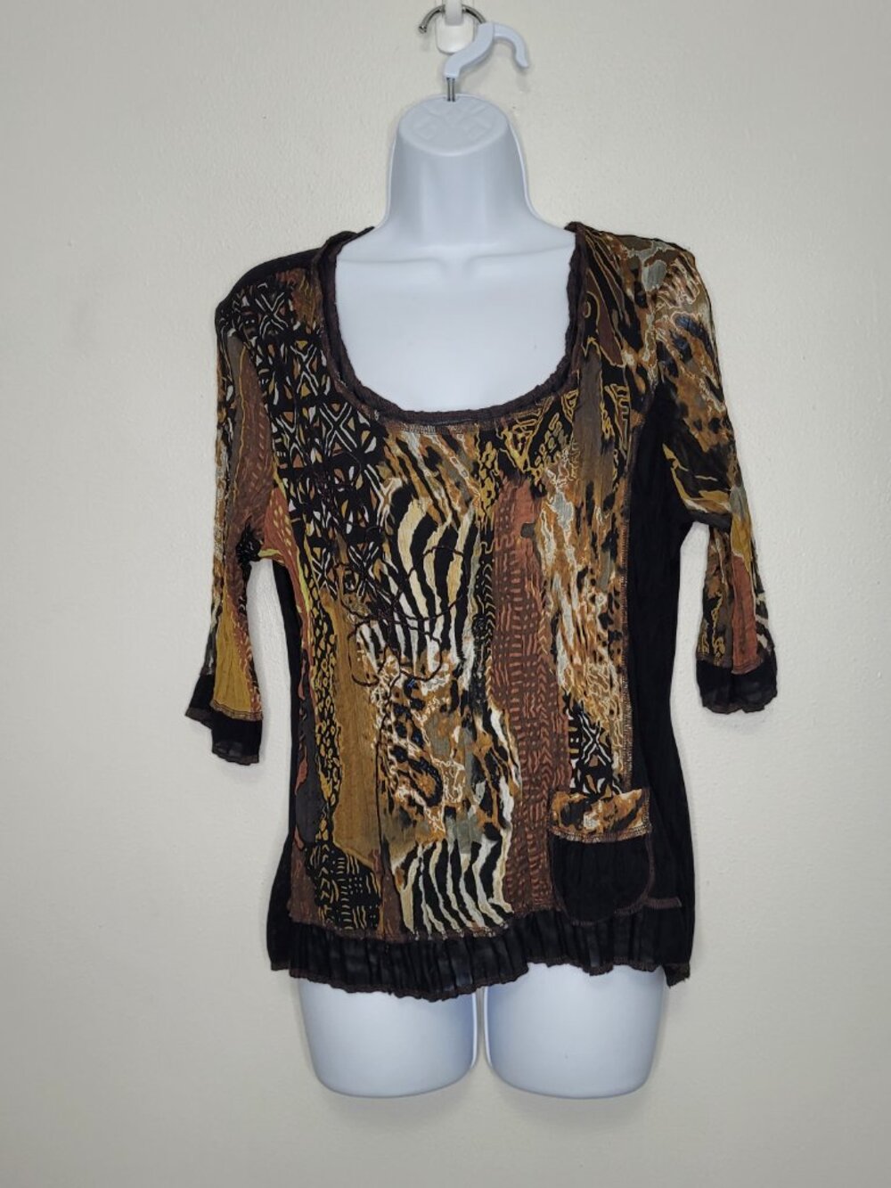 Alberto Makali black brown mixed animal print 3/4 sleeve semi sheer top xl